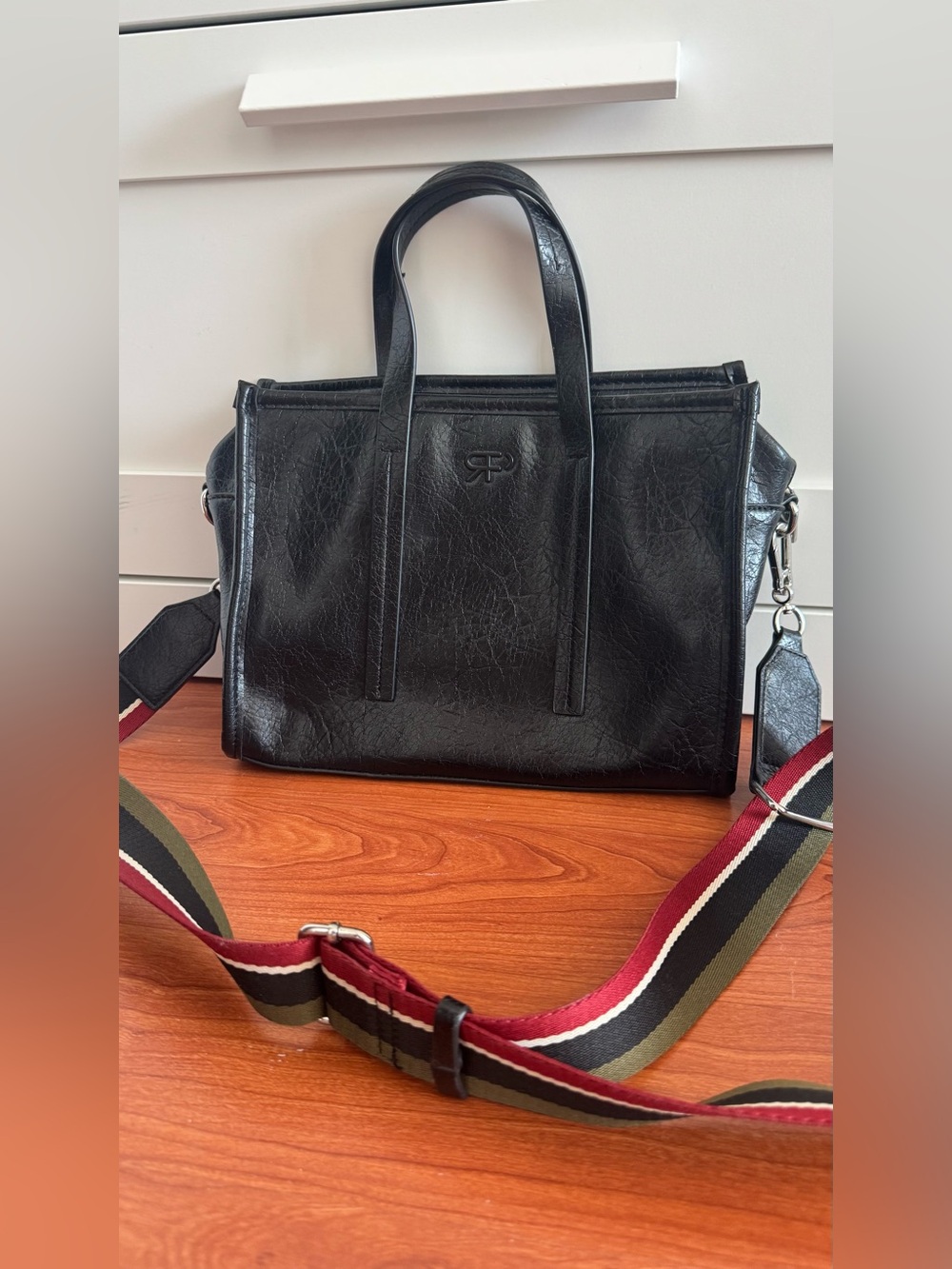 Black Leather Tote with Striped Adjustable Strap